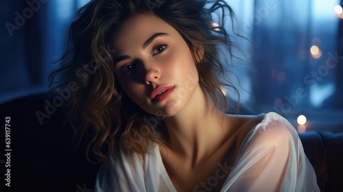 Beautiful ethereal portrait of a woman. Stunning angel with dreamy background. Demure model pose.