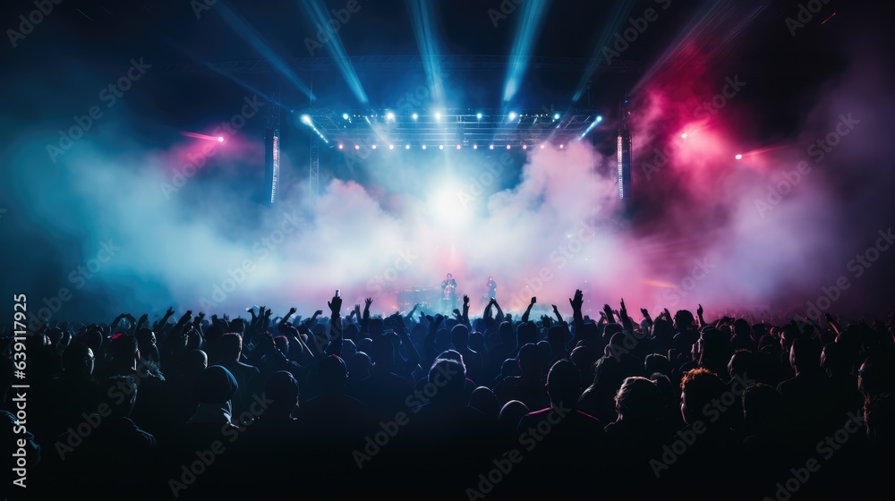 Stage at a rock concert. Crowd listening to music with neon lights and smoke. Audience at a live nightclub performance venue.