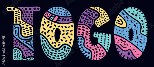 TOGO. Multicolored bright isolate curves doodle letters with ornament. Country name TOGO for social network, travel resources, mobile apps.