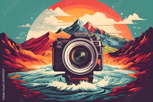 On-Camera Logo A Intricate Illustration of a Mountain Landscape with Water Splashing