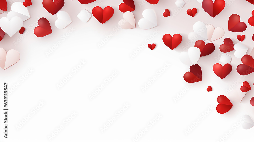 Valentine's Day background with paper hearts on isolated white background, seamless pattern.