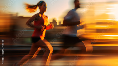 A pair of adults captured in a close-up shot during their morning run, with motion blur in the background. Generative AI.