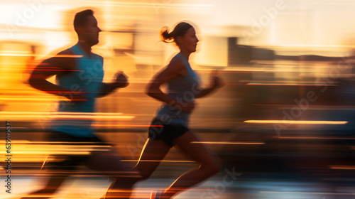 A pair of adults captured in a close-up shot during their morning run  with motion blur in the background. Generative AI.