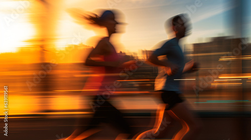 A pair of adults captured in a close-up shot during their morning run, with motion blur in the background. Generative AI.