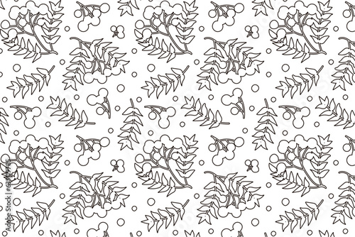 Seamless pattern with the outline of berries, vector black and white pattern with the shape of berries and mountain ash branches