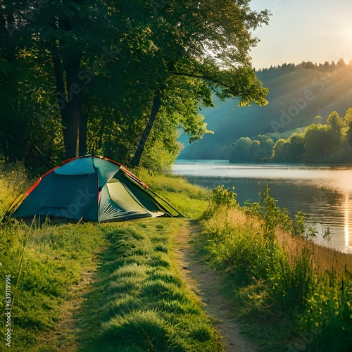 Camping in the mountains  Tent on the lake  Generative AI 