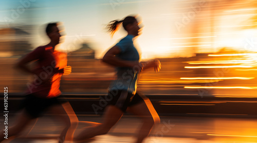 A pair of adults captured in a close-up shot during their morning run, with motion blur in the background. Generative AI.