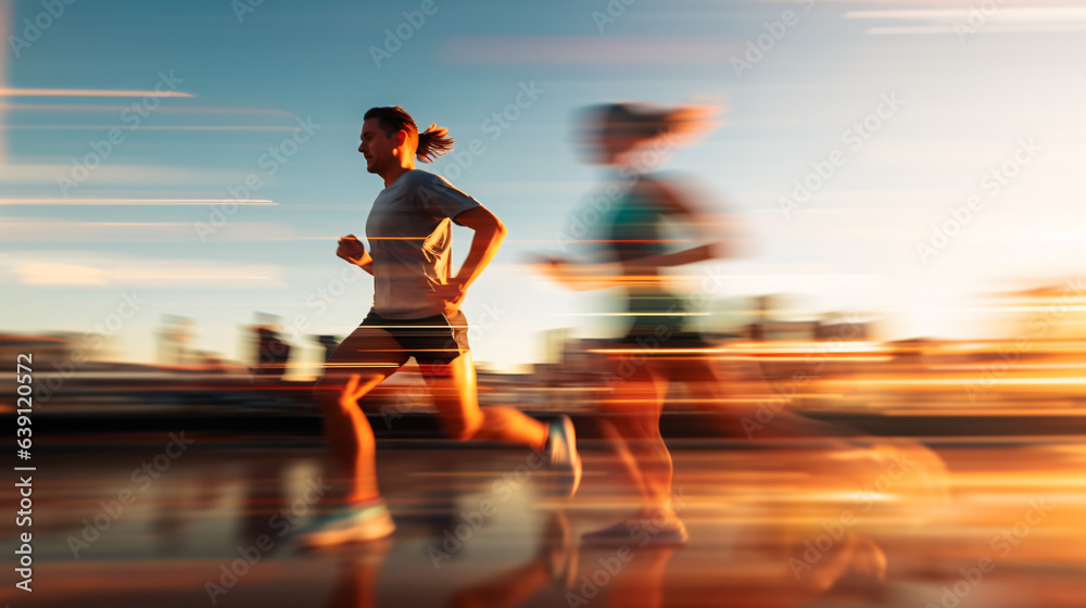 A pair of adults captured in a close-up shot during their morning run, with motion blur in the background. Generative AI.