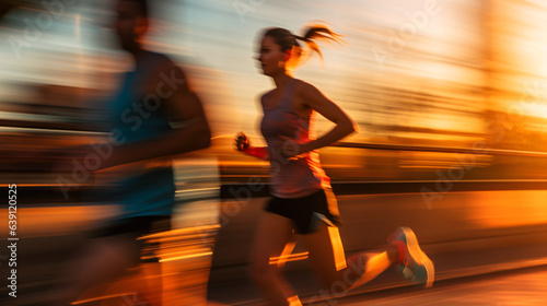 A pair of adults captured in a close-up shot during their morning run, with motion blur in the background. Generative AI.