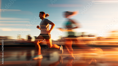 A pair of adults captured in a close-up shot during their morning run, with motion blur in the background. Generative AI.