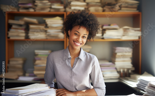 Young African American woman in a lavender shirt standing next to her desk