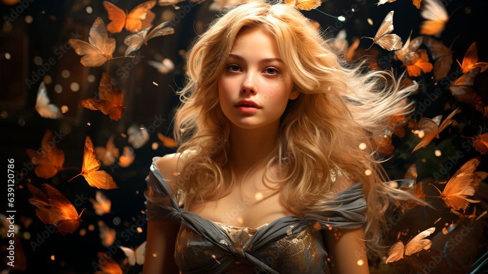 young blonde woman with golden wings and feather in the forest young blonde woman with golden wings and feather in the forest