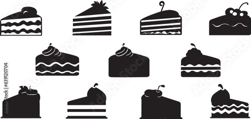 Cake slice silhouette vectors. Black and white cake slices clipart vector illustrations.