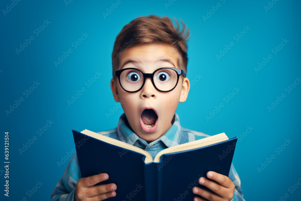 Surprised young boy in glasses and with a backpack engrossed in reading a book against a blue background. Modern back-to-school concept.
Generative AI Surprised young boy in glasses and with a backpack engrossed in reading a book against a blue background. Modern back-to-school concept.
Generative AI