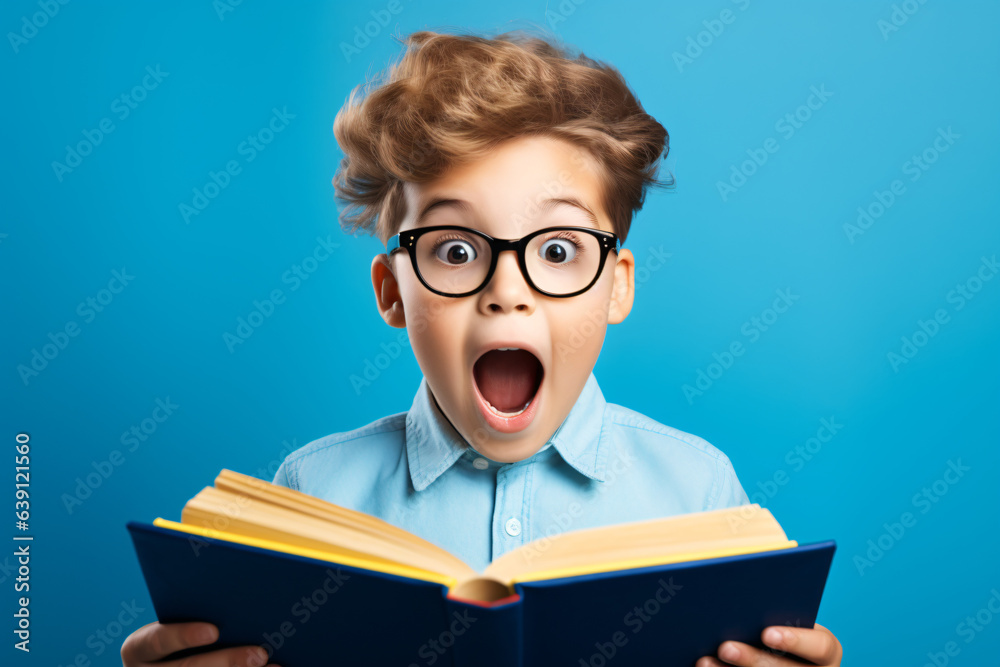 Surprised young boy in glasses and with a backpack engrossed in reading a book against a blue background. Modern back-to-school concept.
Generative AI Surprised young boy in glasses and with a backpack engrossed in reading a book against a blue background. Modern back-to-school concept.
Generative AI
