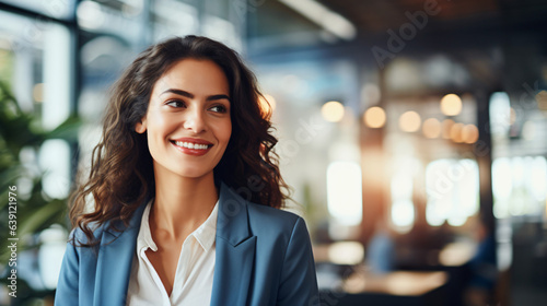 Happy  successful businesswoman appearing confident and smiling. Close-up photo of businesswoman viewing a tablet device indoors. Generative AI