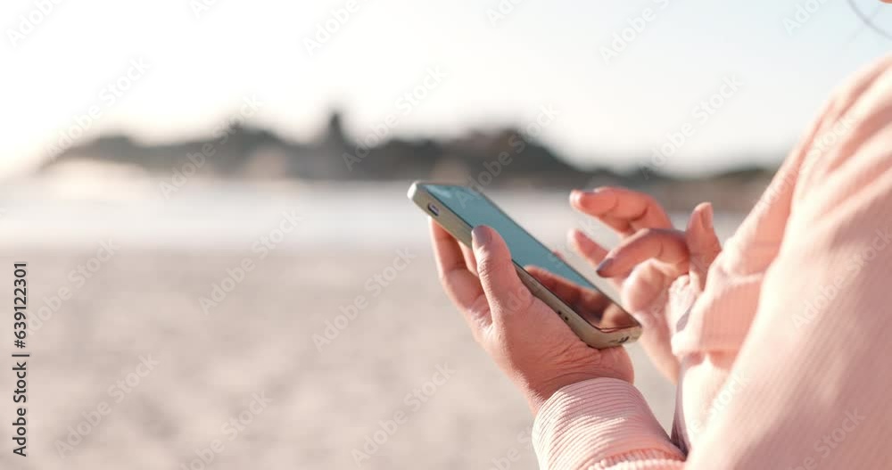 Person hands, phone and beach for holiday, vacation and travel information, social media update or blog by ocean. User scroll or chat on mobile for communication, internet and location search by sea