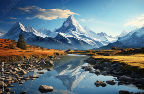 Landscape wallpaper with river  mountain and grass. created by generative AI technology.