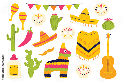 Set of mexican elements of skulls, pinato, sambrero, cacti isolated on white background. Vector illustration. Hand drawn collection of mexican elements.