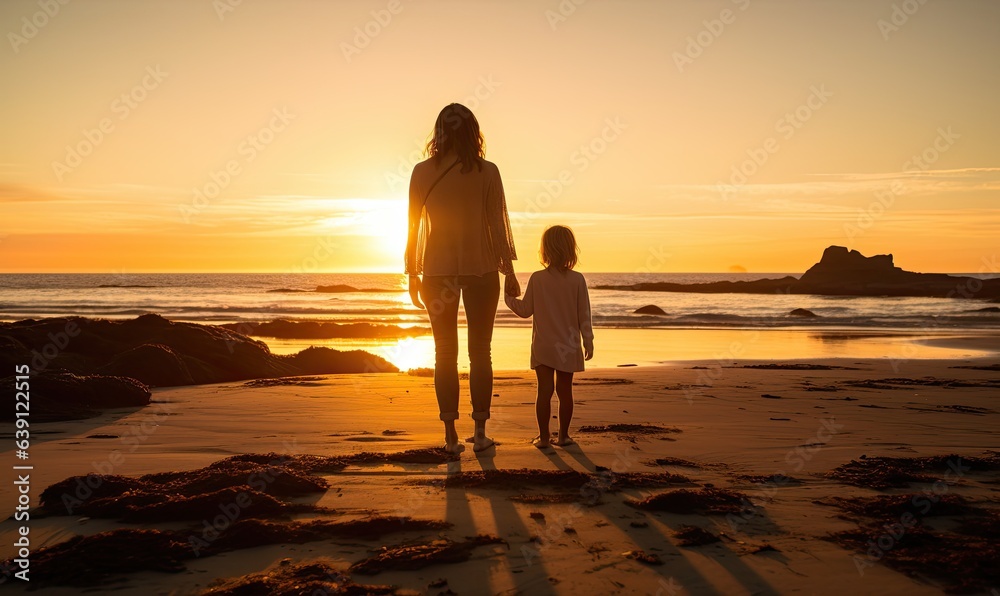The warm hues of the setting sun bathed the mother and child standing on the beach.