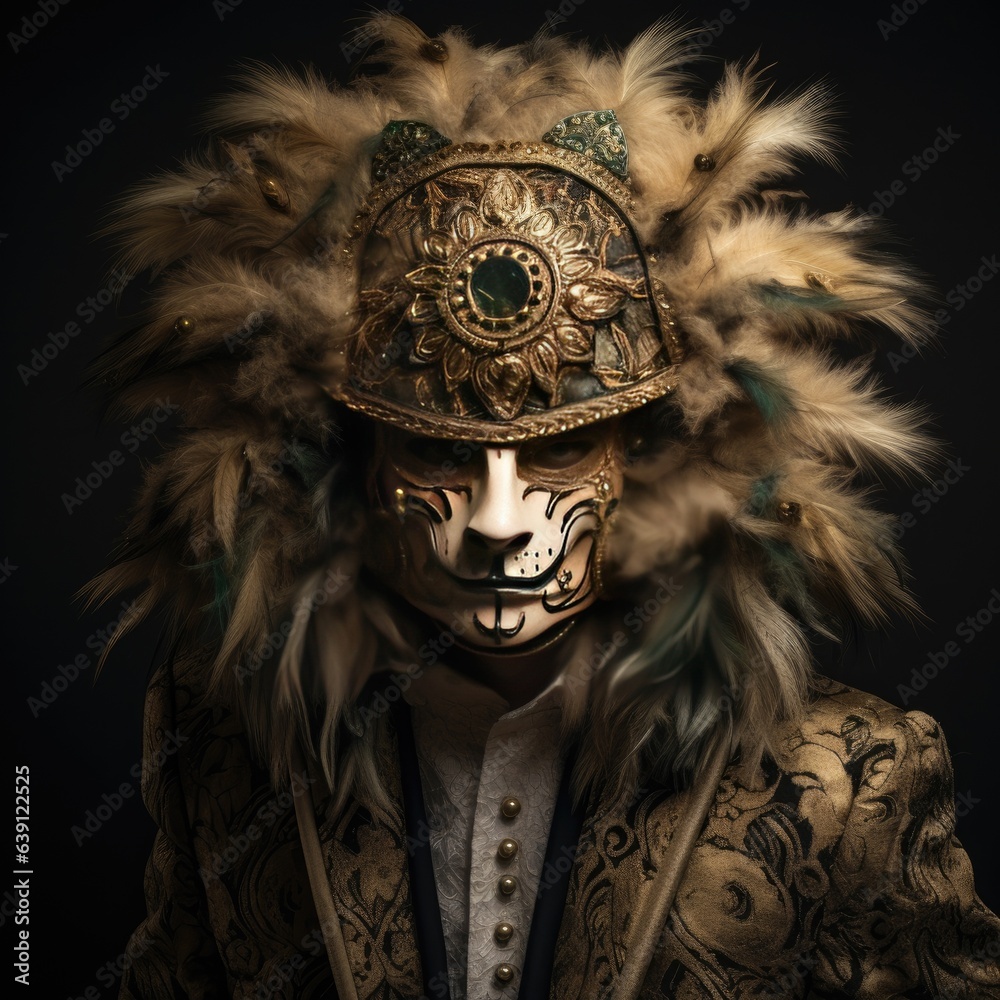 In the portrait, the trickster wearing the lion mask carries an air of ...