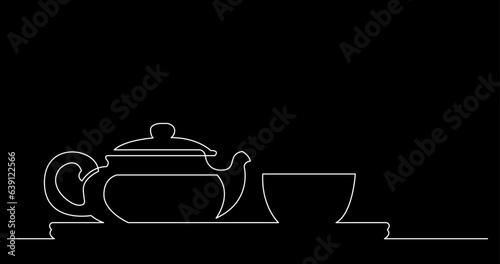 continuous line drawing vector illustration with FULLY EDITABLE STROKE of tea or coffee drinks as a concept of cafe on black background