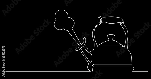 continuous line drawing vector illustration with FULLY EDITABLE STROKE of tea or coffee drinks as a concept of cafe on black background