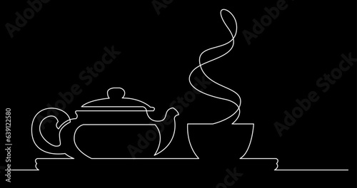 continuous line drawing vector illustration with FULLY EDITABLE STROKE of tea or coffee drinks as a concept of cafe on black background