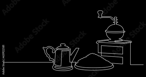 continuous line drawing vector illustration with FULLY EDITABLE STROKE of tea or coffee drinks as a concept of cafe on black background