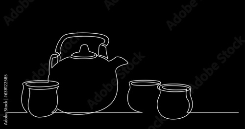 continuous line drawing vector illustration with FULLY EDITABLE STROKE of tea or coffee drinks as a concept of cafe on black background