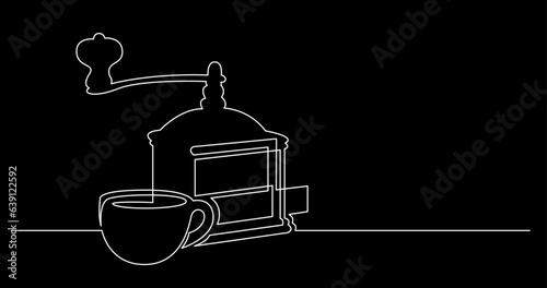 continuous line drawing vector illustration with FULLY EDITABLE STROKE of tea or coffee drinks as a concept of cafe on black background