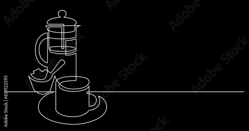 continuous line drawing vector illustration with FULLY EDITABLE STROKE of tea or coffee drinks as a concept of cafe on black background