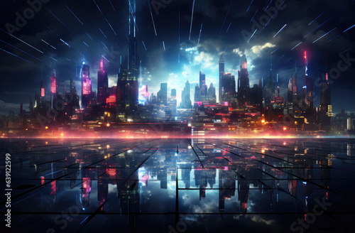 vibrant skylines in the future at night. created by generative AI technology.
