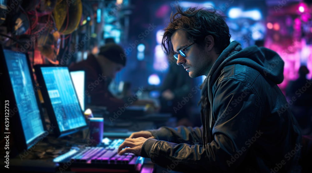 Hacker man sitting at a computer looking at the computers screens created by generative AI technology.