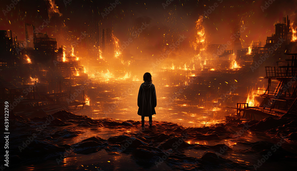 A girl standing in the front of burning city. created by generative AI technology.