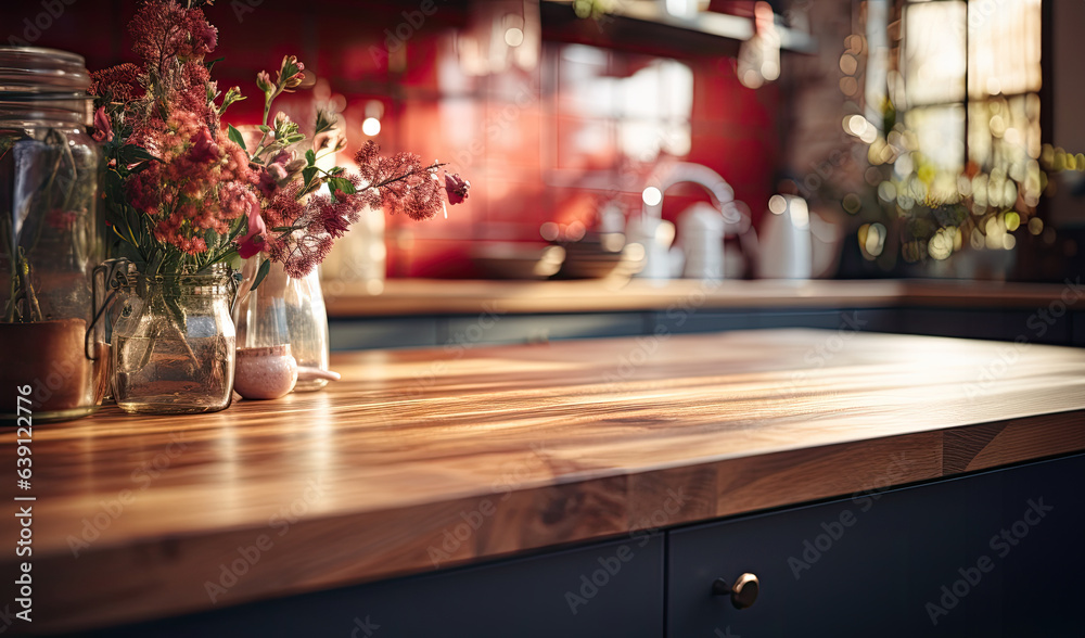 Wooden clean table in the kitchen, The sun shines through the window. created by generative AI technology. Wooden clean table in the kitchen, The sun shines through the window. created by generative AI technology.