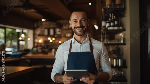 Small business restaurant owner smiling at the camera, happy waiter holding a tablet against a modern background.

Generative AI