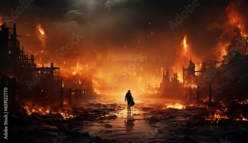 A man standing in the front of burning city. created by generative AI technology.