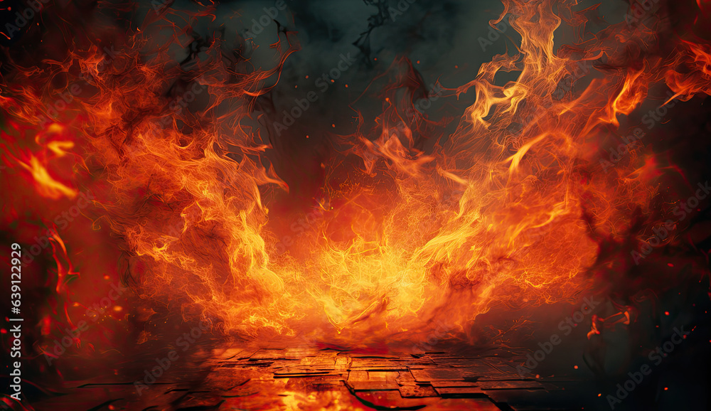 large burning flame in black background. created by generative AI technology. large burning flame in black background. created by generative AI technology.
