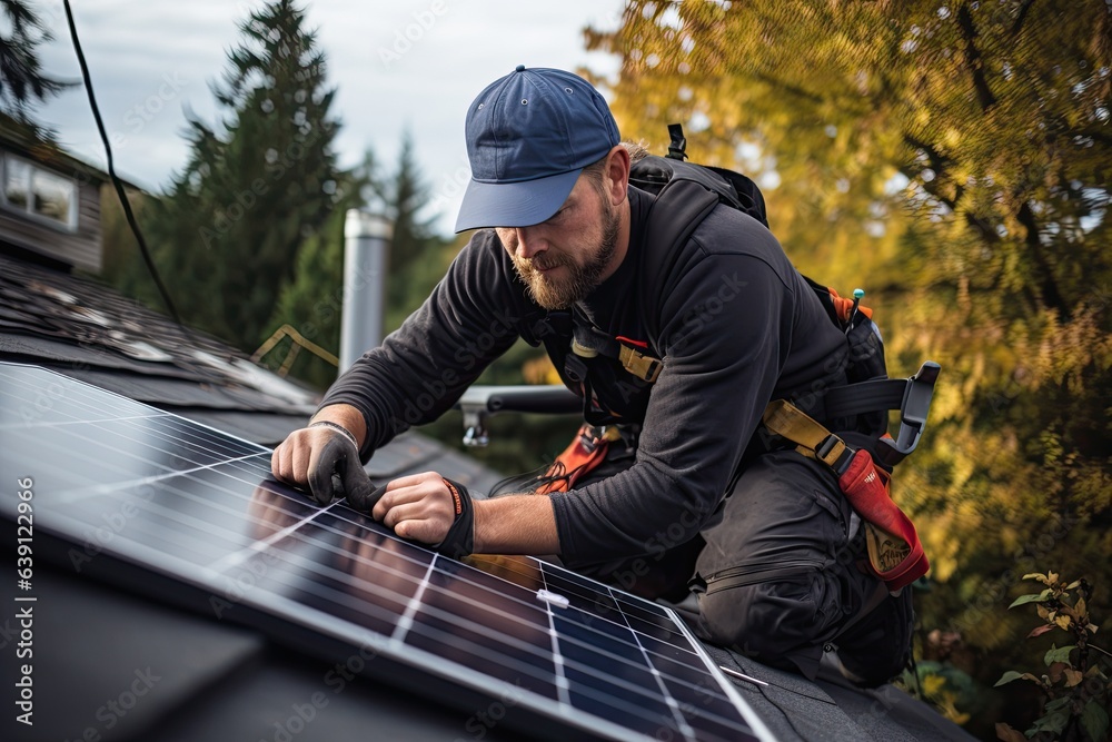 a technician installing solar panels on the roof of a home (Generative AI) a technician installing solar panels on the roof of a home (Generative AI)