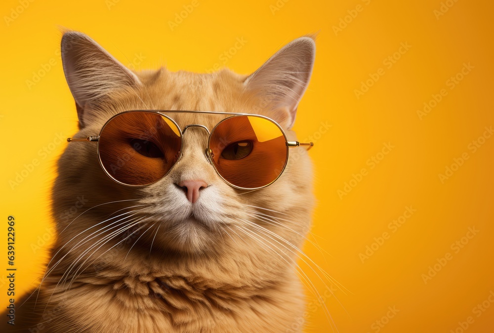 orange cat wearing sunglasses on a yellow background. created by generative AI technology.