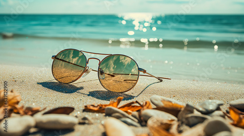 Serenity Shades: Sun-Kissed Beach Vibes Captured Through the Lens of Modern Sunglasses. Travel ConceptGenerative AI