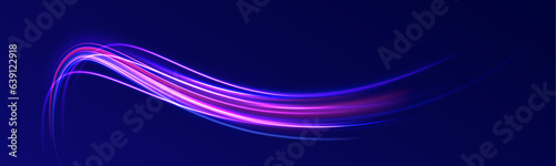 Neon light effect on a winding street. Speed light streaks vector background with blurred fast moving light effect, blue purple colors on black. 