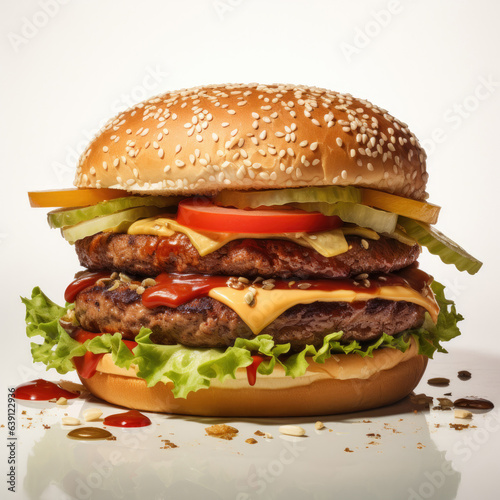 Burger with cheese and lettuce on a white background created by generative AI technology. © hakule
