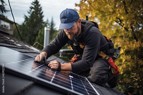 a technician installing solar panels on the roof of a home (Generative AI) © Salander Studio