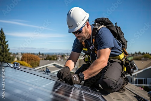 a technician installing solar panels on the roof of a home (Generative AI)