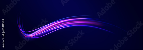 Cyberpunk light trails in motion or light, light footprints of motion. LED glare tape. Panoramic high speed technology concept, light abstract background. 