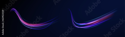 Lines in the shape of a comet against a dark background. Illustration of high speed concept. Acceleration speed motion on night road. 