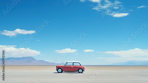  a small red car is parked in the middle of the desert.  generative ai