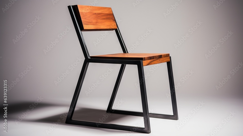  a wooden chair sitting on top of a metal frame with a wooden seat.  generative ai